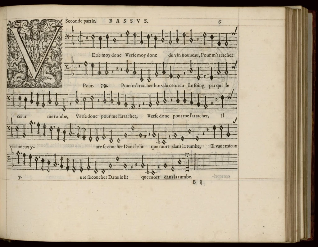 An illustration from Bassus. Livre de chansons a cinc parties : avec deux dialogues : a huit. D'Orlande de Lassus., 1581, leaf 18