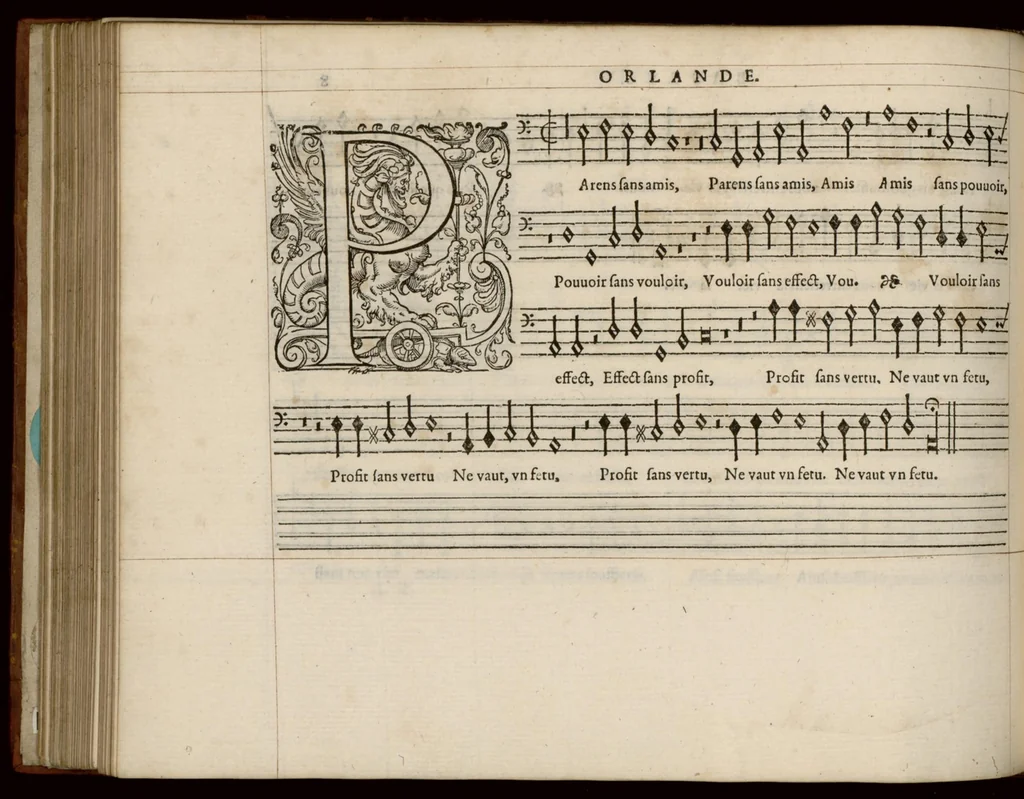 An illustration from Bassus. Livre de chansons a cinc parties : avec deux dialogues : a huit. D'Orlande de Lassus., 1581, leaf 23