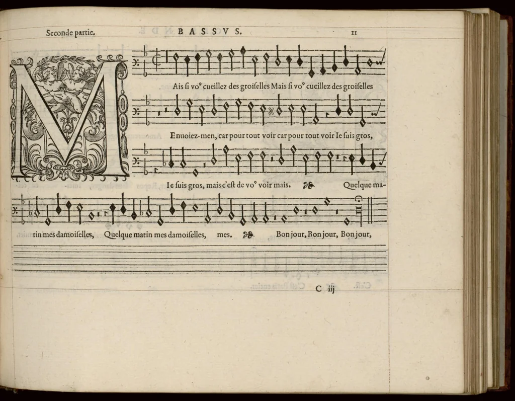 An illustration from Bassus. Livre de chansons a cinc parties : avec deux dialogues : a huit. D'Orlande de Lassus., 1581, leaf 28