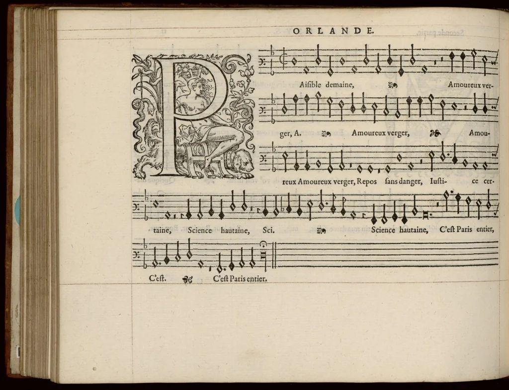 An illustration from Bassus. Livre de chansons a cinc parties : avec deux dialogues : a huit. D'Orlande de Lassus., 1581, leaf 29