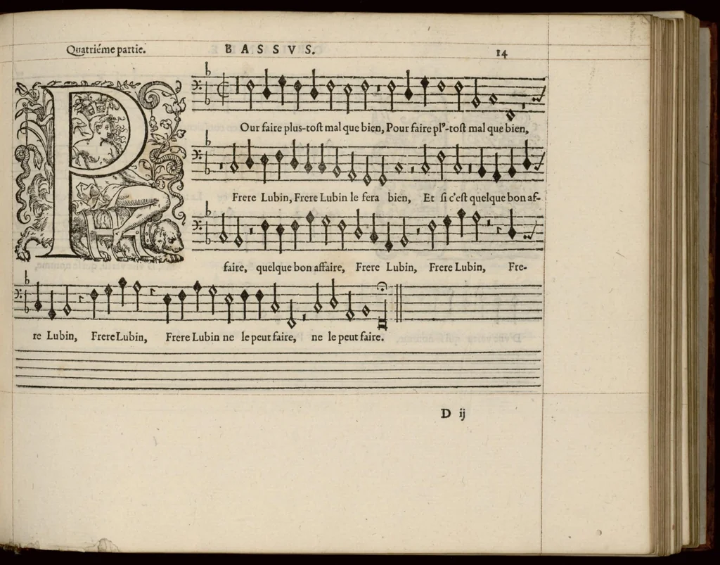 An illustration from Bassus. Livre de chansons a cinc parties : avec deux dialogues : a huit. D'Orlande de Lassus., 1581, leaf 34