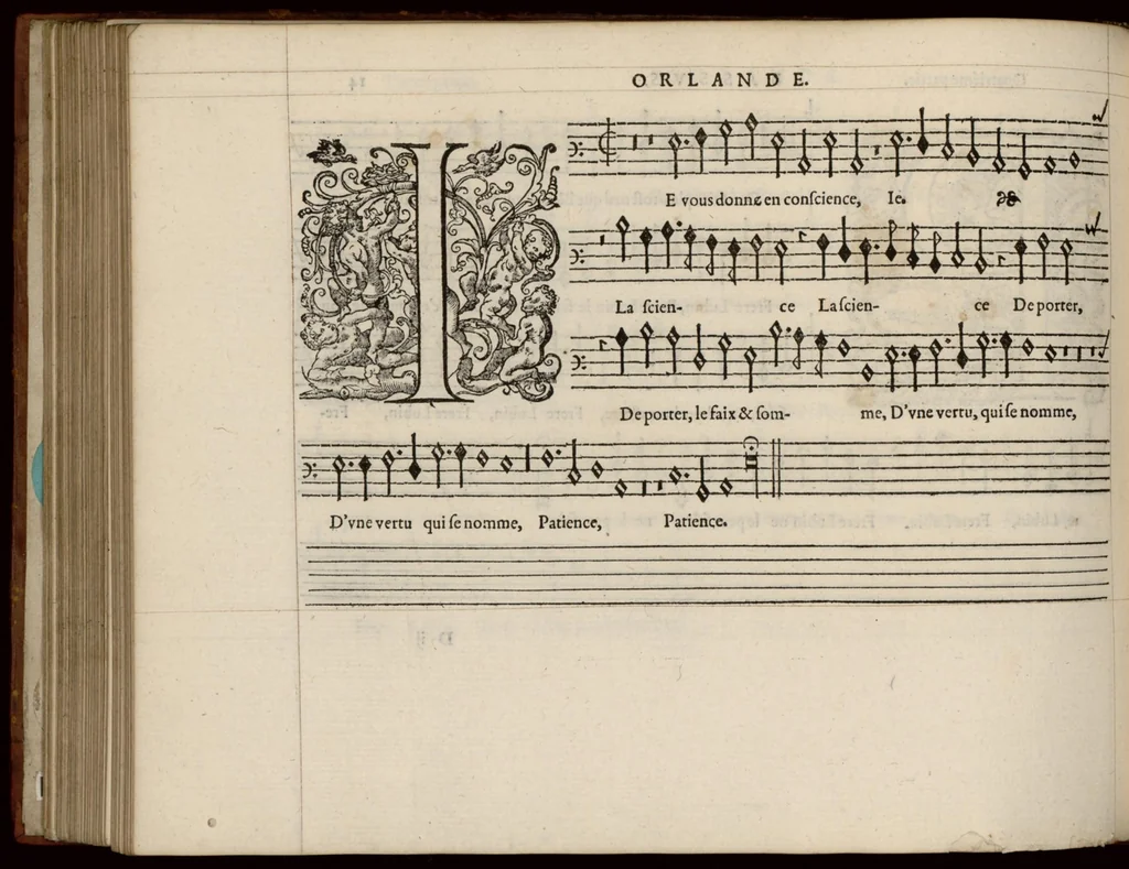 An illustration from Bassus. Livre de chansons a cinc parties : avec deux dialogues : a huit. D'Orlande de Lassus., 1581, leaf 35