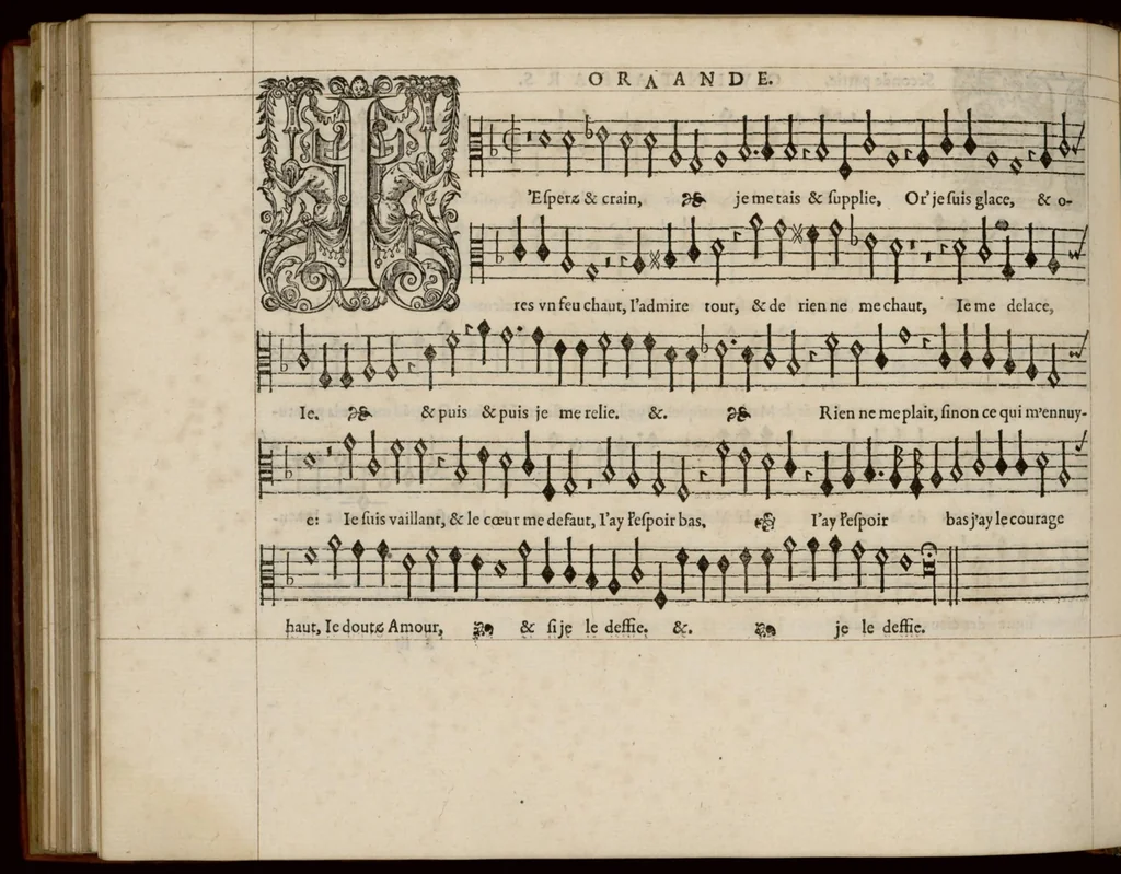 An illustration from Quinta pars. Livre de chansons a cinc parties : avec deux dialogues : a huit. D'Orlande de Lassus., 1581, leaf 13