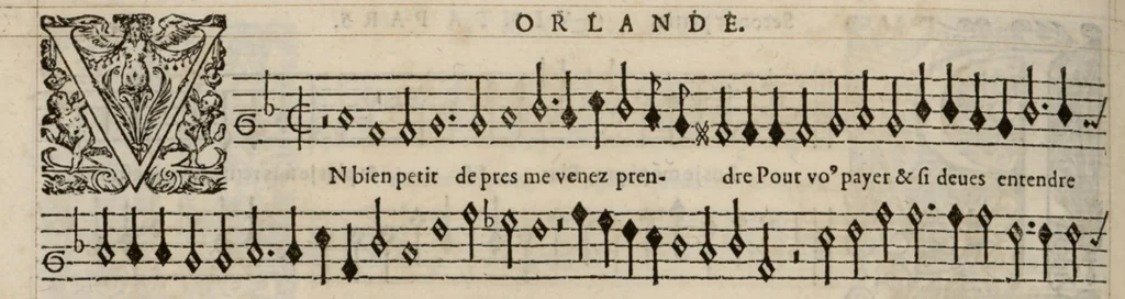 An illustration from Quinta pars. Livre de chansons a cinc parties : avec deux dialogues : a huit. D'Orlande de Lassus., 1581, leaf 15