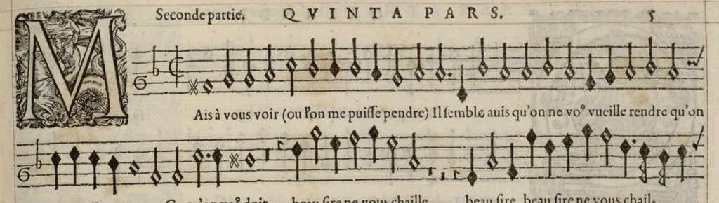 An illustration from Quinta pars. Livre de chansons a cinc parties : avec deux dialogues : a huit. D'Orlande de Lassus., 1581, leaf 16