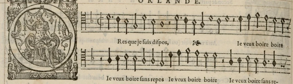 An illustration from Quinta pars. Livre de chansons a cinc parties : avec deux dialogues : a huit. D'Orlande de Lassus., 1581, leaf 17