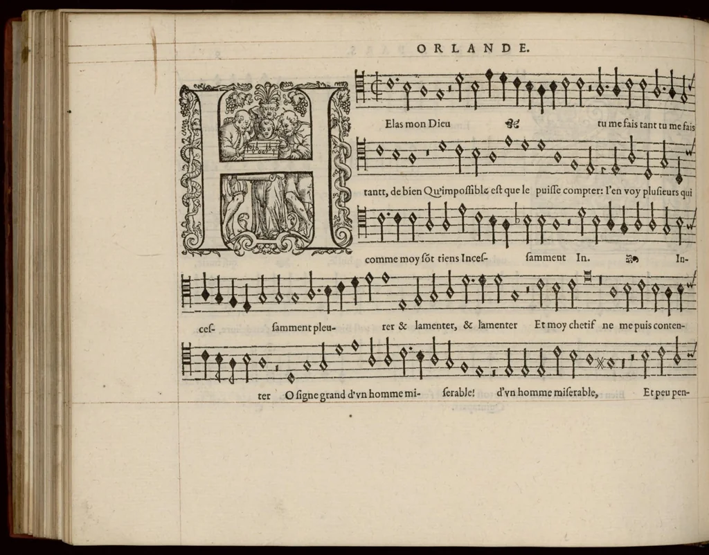 An illustration from Quinta pars. Livre de chansons a cinc parties : avec deux dialogues : a huit. D'Orlande de Lassus., 1581, leaf 25