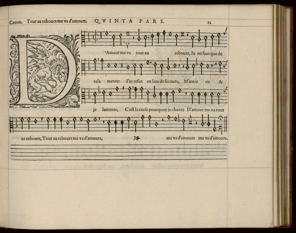An illustration from Quinta pars. Livre de chansons a cinc parties : avec deux dialogues : a huit. D'Orlande de Lassus., 1581, leaf 30