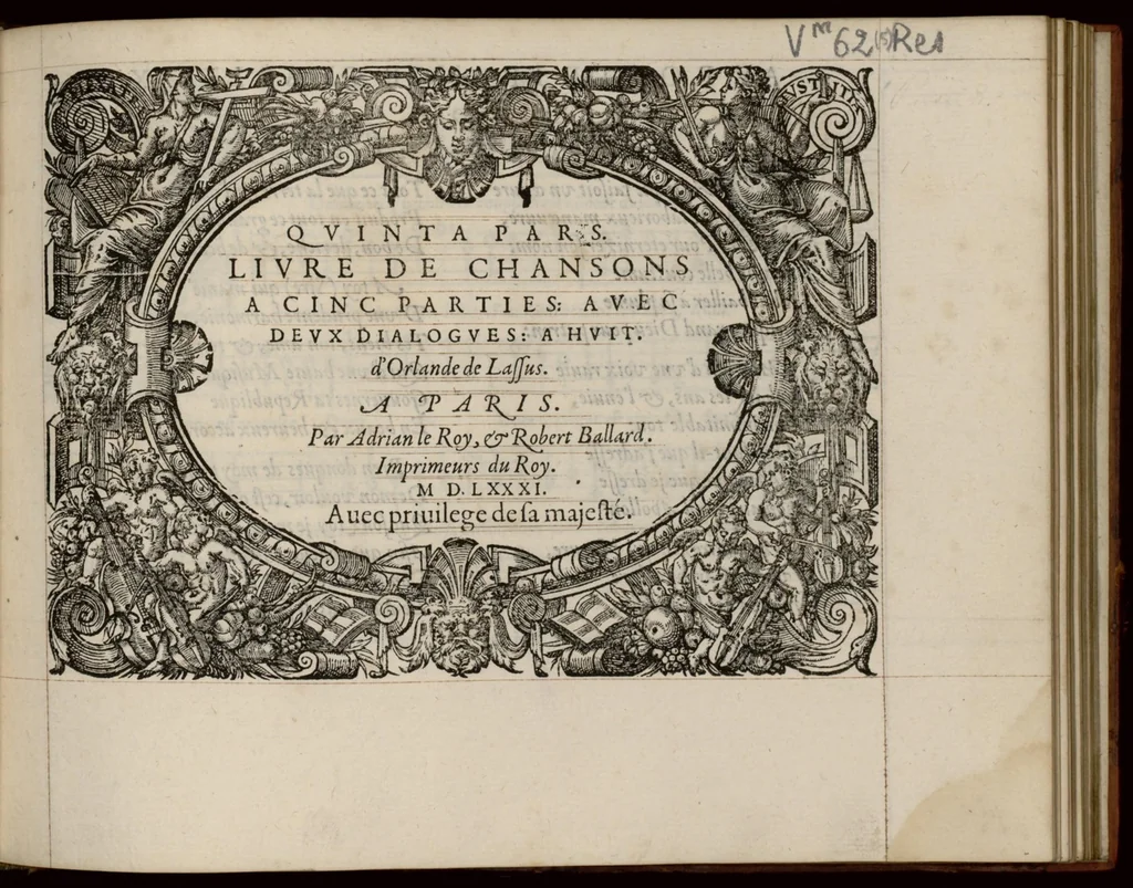 An illustration from Quinta pars. Livre de chansons a cinc parties : avec deux dialogues : a huit. D'Orlande de Lassus., 1581, leaf 8