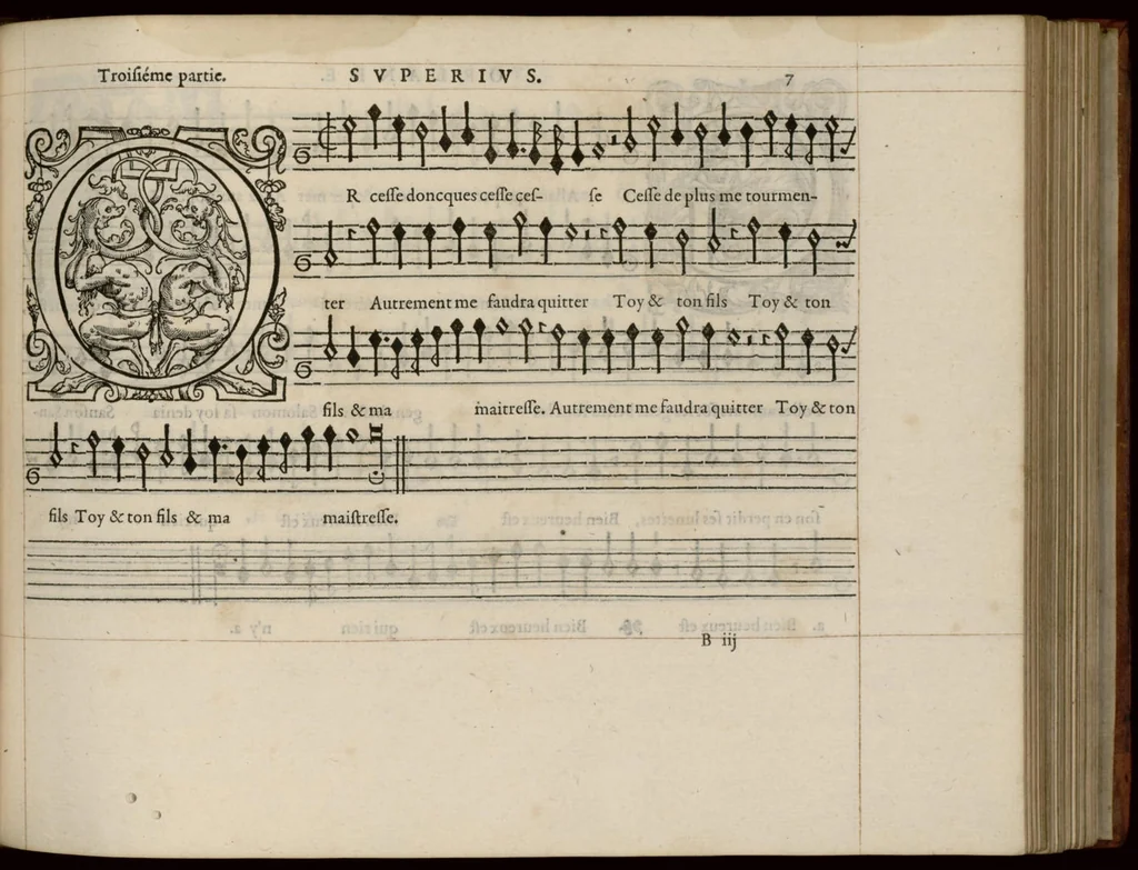 An illustration from Superius. Continuation du mellange d'Orlande de Lassus. A 3. 4. 5. 6. & dix parties., 1584, leaf 20