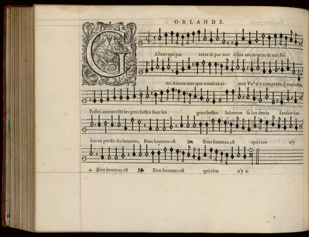 An illustration from Superius. Continuation du mellange d'Orlande de Lassus. A 3. 4. 5. 6. & dix parties., 1584, leaf 21
