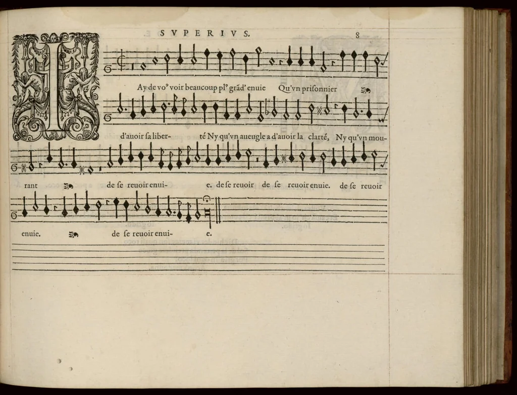 An illustration from Superius. Continuation du mellange d'Orlande de Lassus. A 3. 4. 5. 6. & dix parties., 1584, leaf 22
