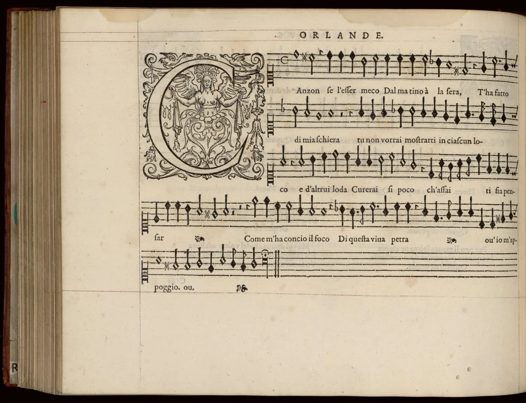 An illustration from Superius. Continuation du mellange d'Orlande de Lassus. A 3. 4. 5. 6. & dix parties., 1584, leaf 29