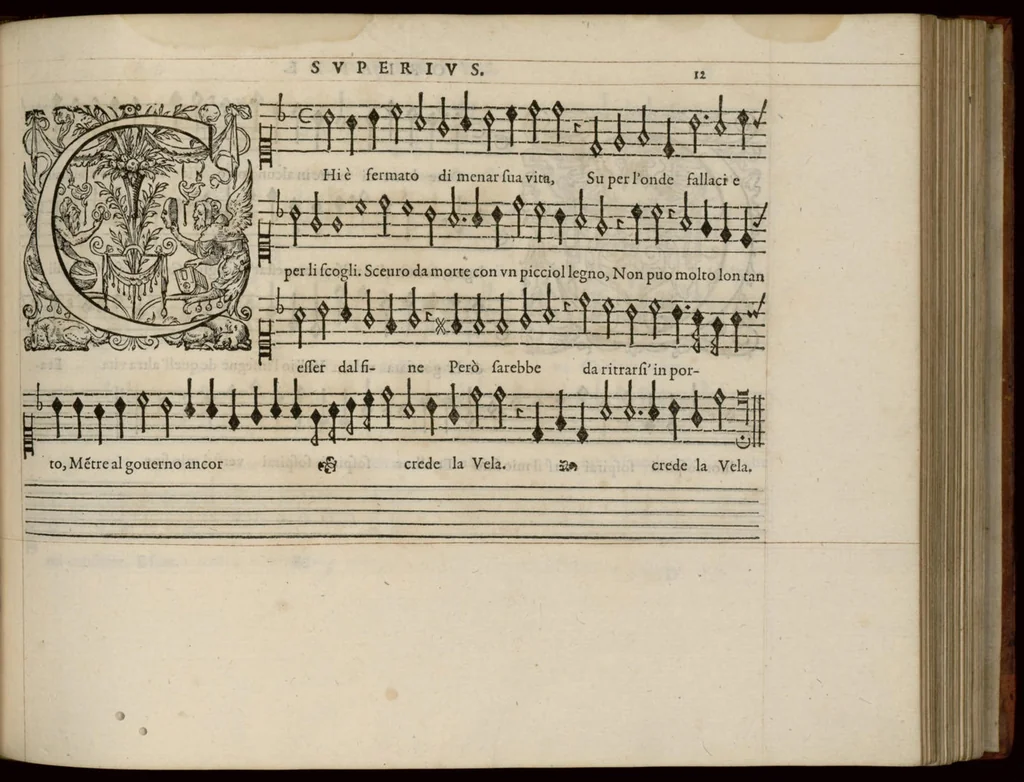 An illustration from Superius. Continuation du mellange d'Orlande de Lassus. A 3. 4. 5. 6. & dix parties., 1584, leaf 30