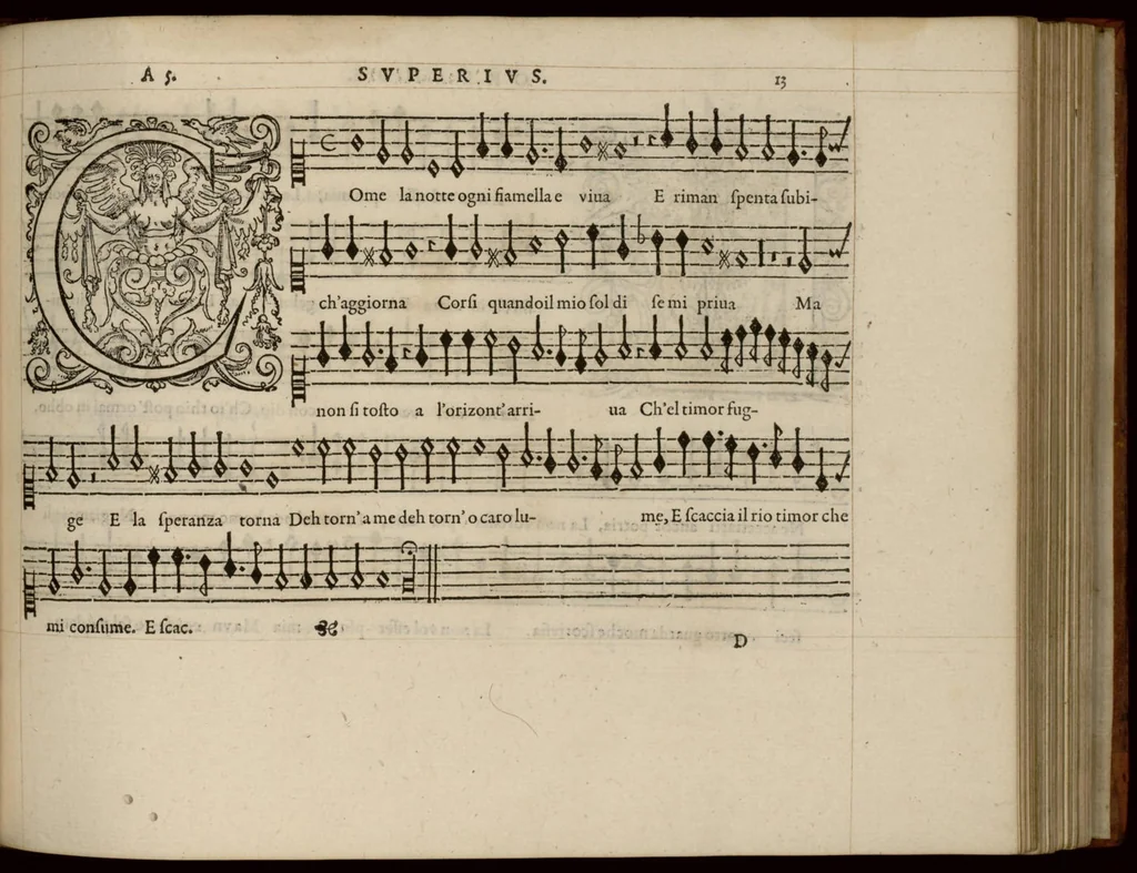 An illustration from Superius. Continuation du mellange d'Orlande de Lassus. A 3. 4. 5. 6. & dix parties., 1584, leaf 32