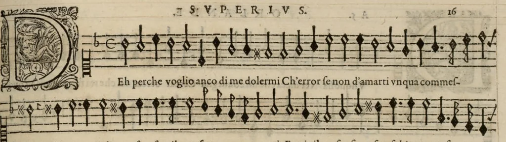An illustration from Superius. Continuation du mellange d'Orlande de Lassus. A 3. 4. 5. 6. & dix parties., 1584, leaf 38