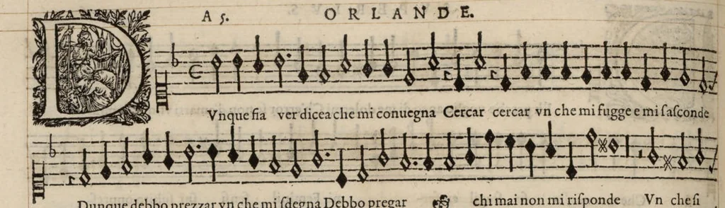 An illustration from Superius. Continuation du mellange d'Orlande de Lassus. A 3. 4. 5. 6. & dix parties., 1584, leaf 39