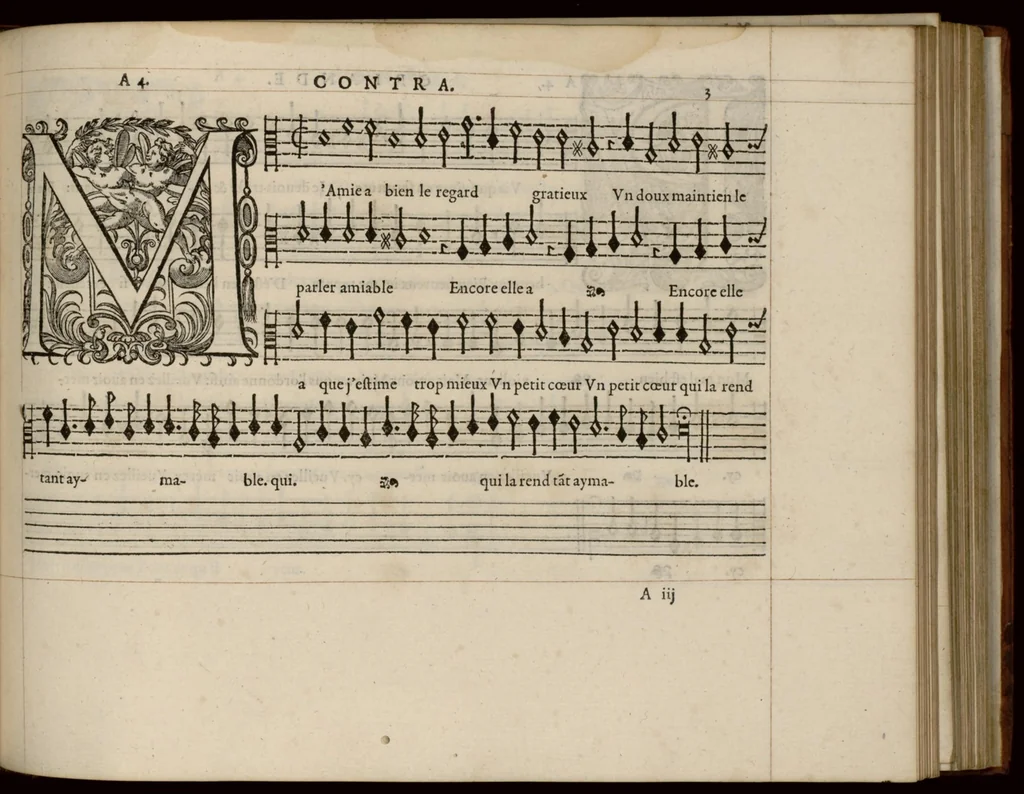 An illustration from Contra. Continuation du mellange d'Orlande de Lassus. A 3. 4. 5. 6. & dix parties., 1584, leaf 12