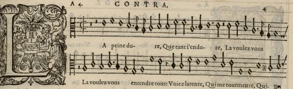 An illustration from Contra. Continuation du mellange d'Orlande de Lassus. A 3. 4. 5. 6. & dix parties., 1584, leaf 14