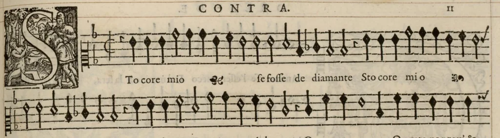 An illustration from Contra. Continuation du mellange d'Orlande de Lassus. A 3. 4. 5. 6. & dix parties., 1584, leaf 28