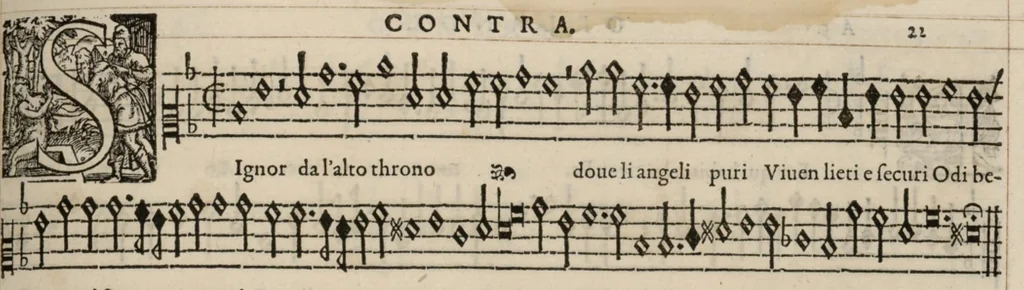 An illustration from Contra. Continuation du mellange d'Orlande de Lassus. A 3. 4. 5. 6. & dix parties., 1584, leaf 50