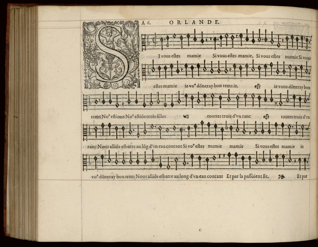 An illustration from Contra. Continuation du mellange d'Orlande de Lassus. A 3. 4. 5. 6. & dix parties., 1584, leaf 63