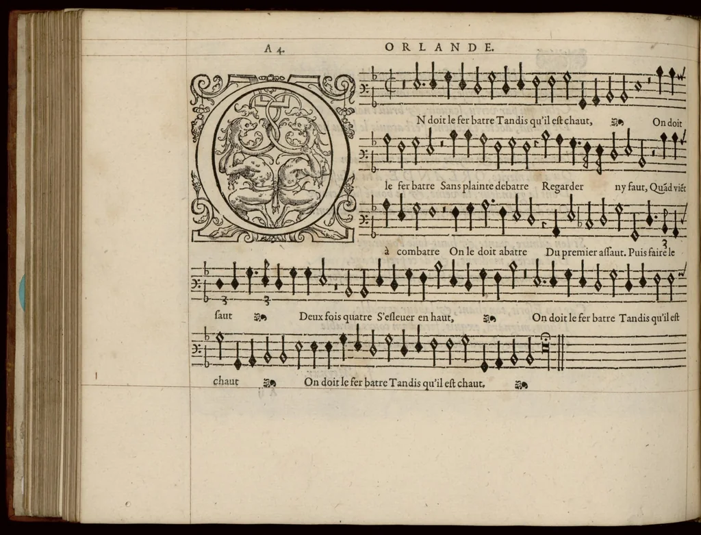 An illustration from Bassus. Continuation du mellange d'Orlande de Lassus. A 3. 4. 5. 6. & dix parties., 1584, leaf 11