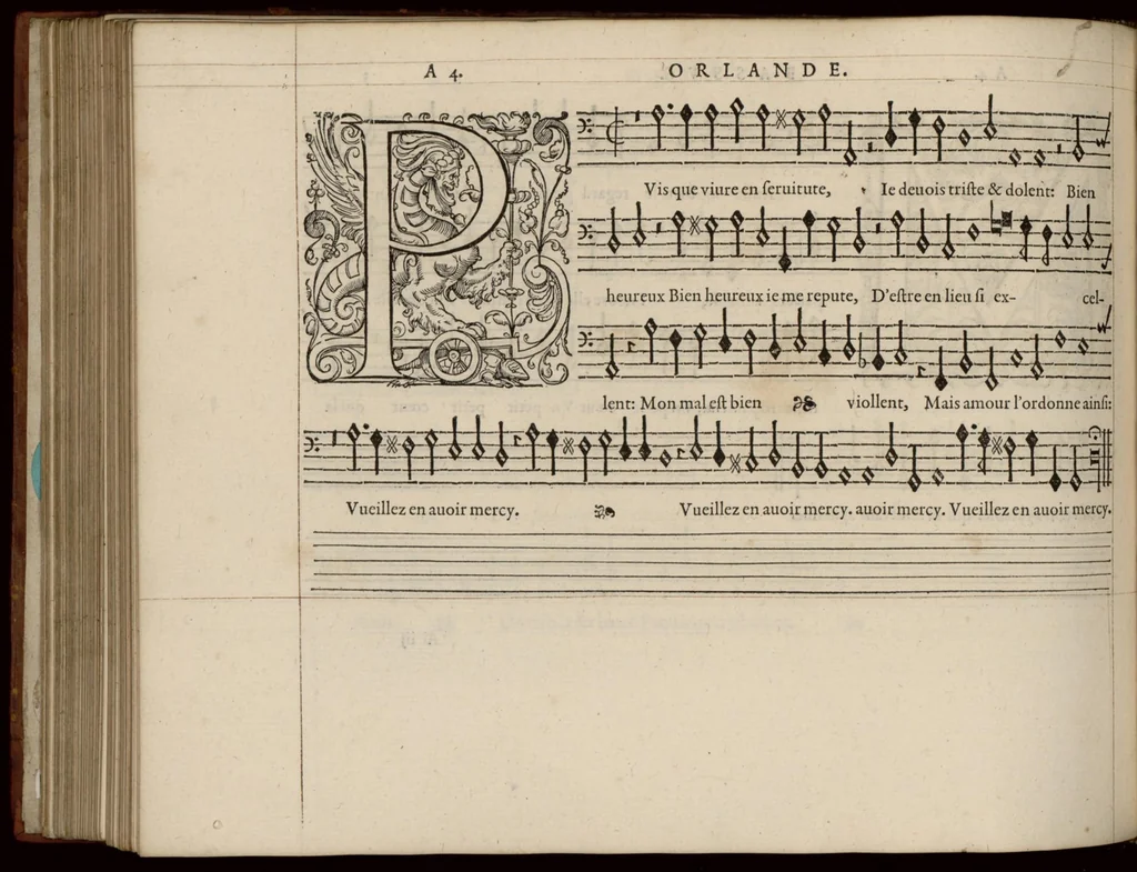 An illustration from Bassus. Continuation du mellange d'Orlande de Lassus. A 3. 4. 5. 6. & dix parties., 1584, leaf 13