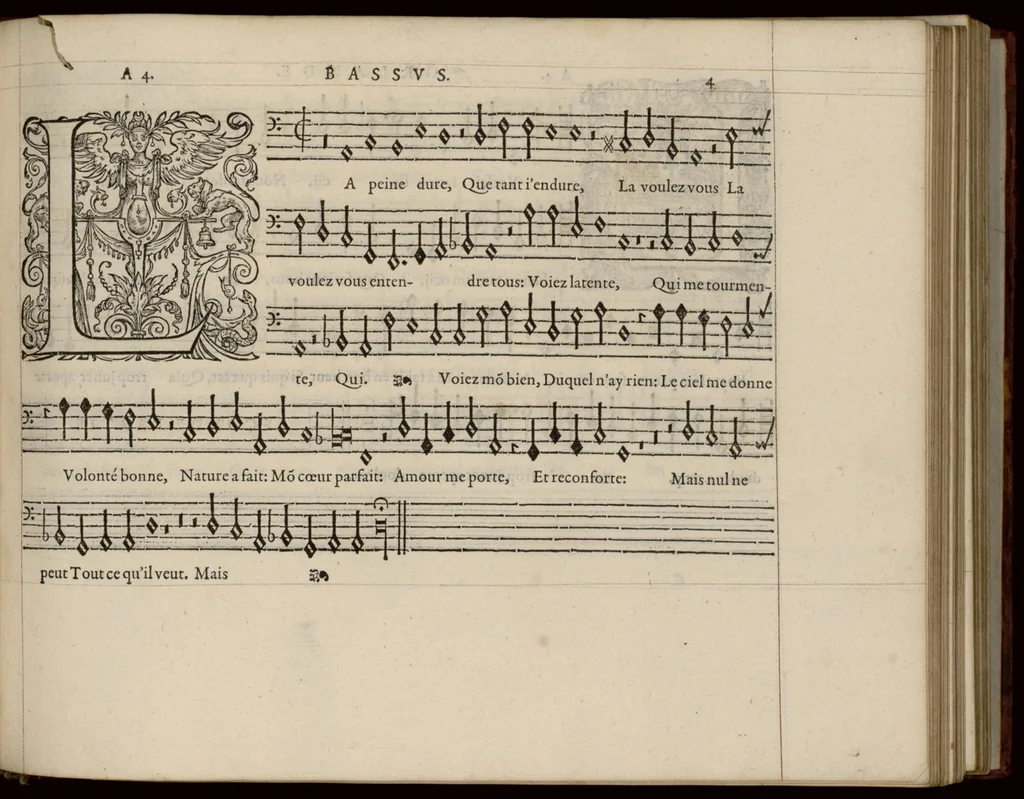 An illustration from Bassus. Continuation du mellange d'Orlande de Lassus. A 3. 4. 5. 6. & dix parties., 1584, leaf 14