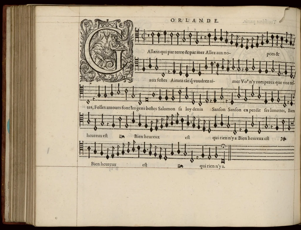 An illustration from Bassus. Continuation du mellange d'Orlande de Lassus. A 3. 4. 5. 6. & dix parties., 1584, leaf 21