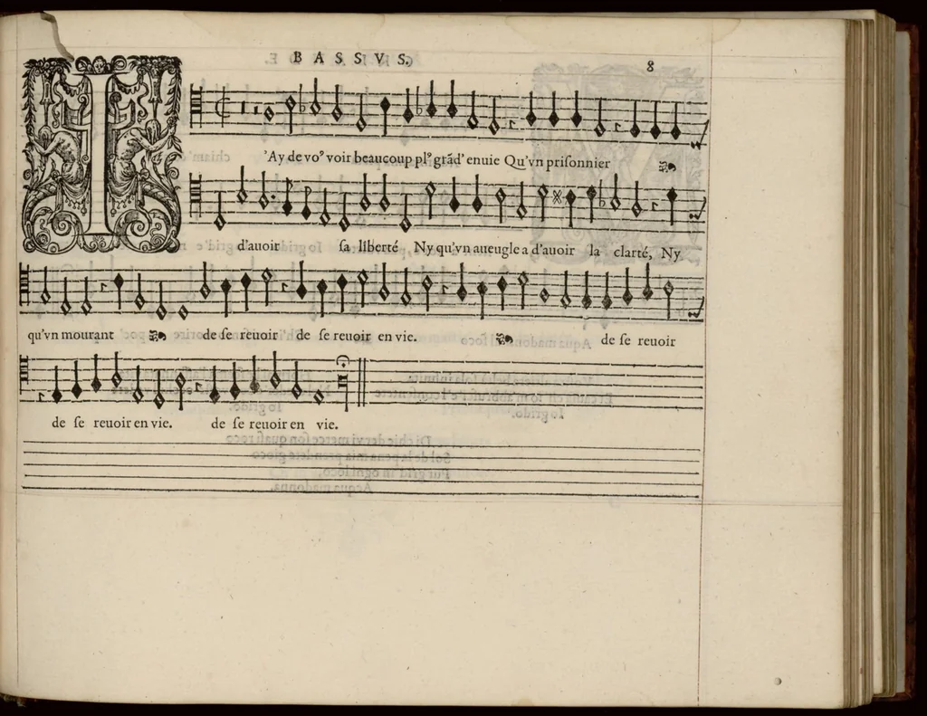 An illustration from Bassus. Continuation du mellange d'Orlande de Lassus. A 3. 4. 5. 6. & dix parties., 1584, leaf 22
