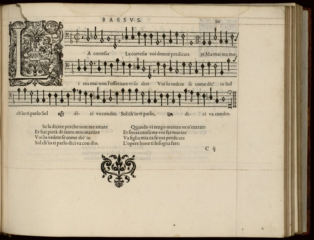 An illustration from Bassus. Continuation du mellange d'Orlande de Lassus. A 3. 4. 5. 6. & dix parties., 1584, leaf 26