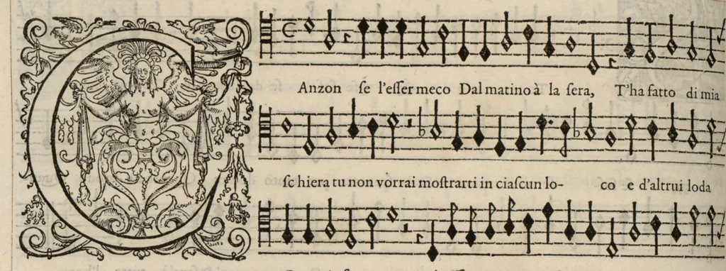 An illustration from Bassus. Continuation du mellange d'Orlande de Lassus. A 3. 4. 5. 6. & dix parties., 1584, leaf 29