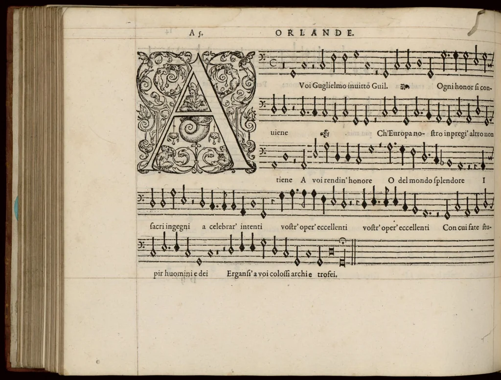 An illustration from Bassus. Continuation du mellange d'Orlande de Lassus. A 3. 4. 5. 6. & dix parties., 1584, leaf 35
