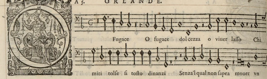 An illustration from Bassus. Continuation du mellange d'Orlande de Lassus. A 3. 4. 5. 6. & dix parties., 1584, leaf 43