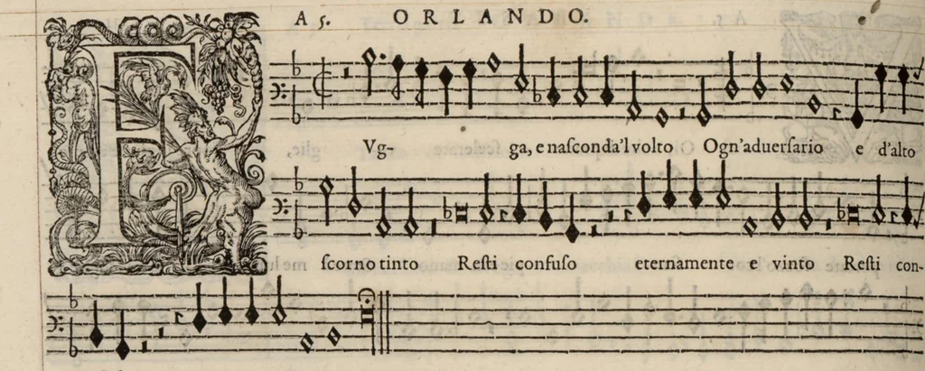 An illustration from Bassus. Continuation du mellange d'Orlande de Lassus. A 3. 4. 5. 6. & dix parties., 1584, leaf 49