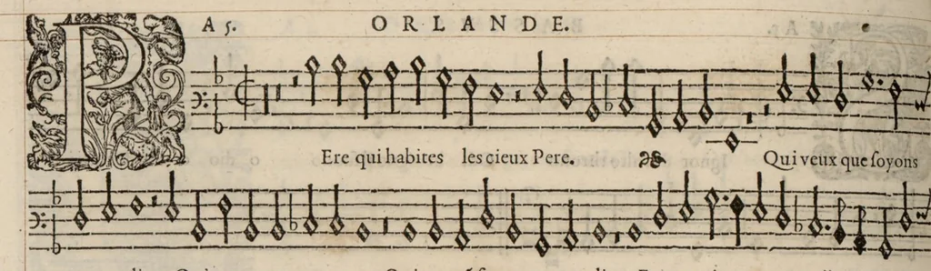 An illustration from Bassus. Continuation du mellange d'Orlande de Lassus. A 3. 4. 5. 6. & dix parties., 1584, leaf 51