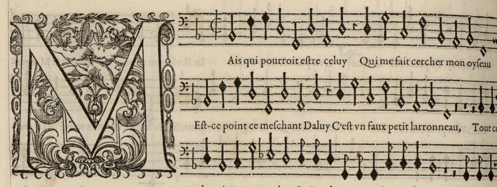 An illustration from Bassus. Continuation du mellange d'Orlande de Lassus. A 3. 4. 5. 6. & dix parties., 1584, leaf 59