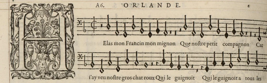 An illustration from Bassus. Continuation du mellange d'Orlande de Lassus. A 3. 4. 5. 6. & dix parties., 1584, leaf 61
