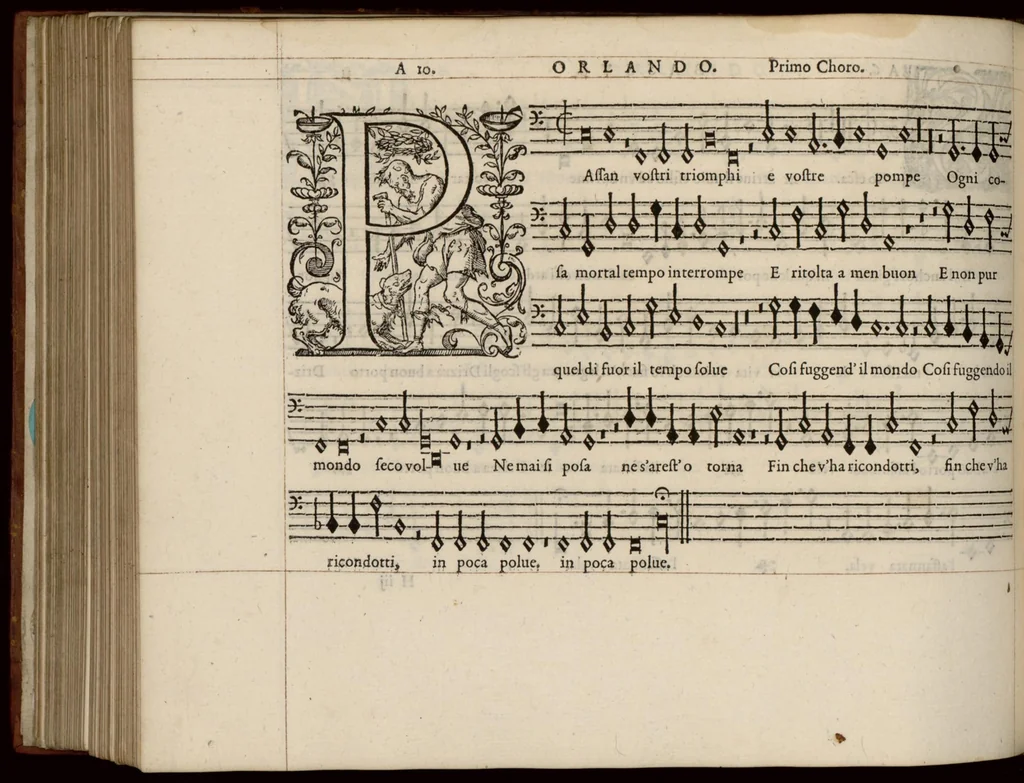 An illustration from Bassus. Continuation du mellange d'Orlande de Lassus. A 3. 4. 5. 6. & dix parties., 1584, leaf 69