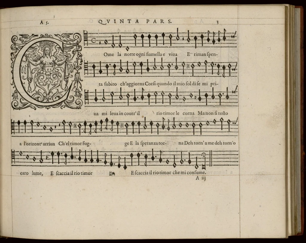 An illustration from Quinta pars. Continuation du mellange d'Orlande de Lassus. A 3. 4. 5. 6. & dix parties., 1584, leaf 12