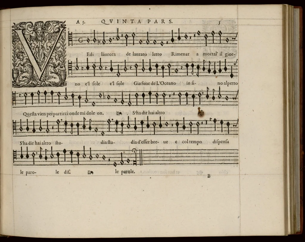 An illustration from Quinta pars. Continuation du mellange d'Orlande de Lassus. A 3. 4. 5. 6. & dix parties., 1584, leaf 16