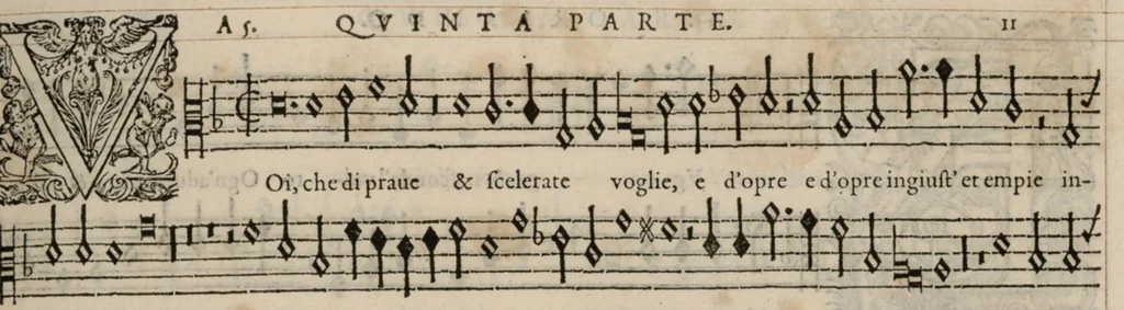 An illustration from Quinta pars. Continuation du mellange d'Orlande de Lassus. A 3. 4. 5. 6. & dix parties., 1584, leaf 28