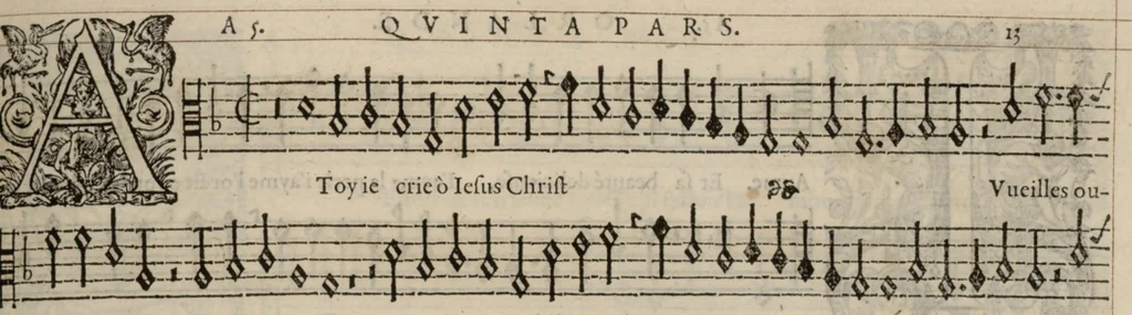 An illustration from Quinta pars. Continuation du mellange d'Orlande de Lassus. A 3. 4. 5. 6. & dix parties., 1584, leaf 32