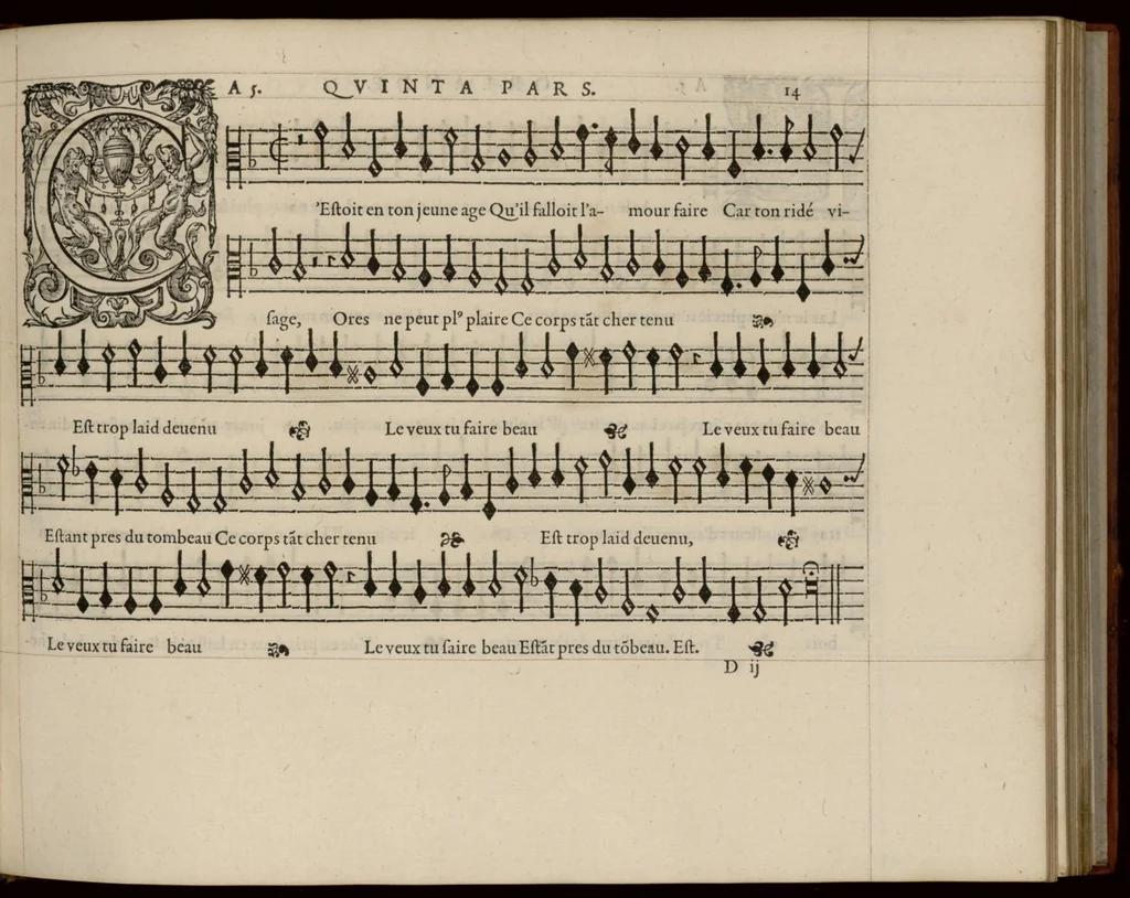 An illustration from Quinta pars. Continuation du mellange d'Orlande de Lassus. A 3. 4. 5. 6. & dix parties., 1584, leaf 34
