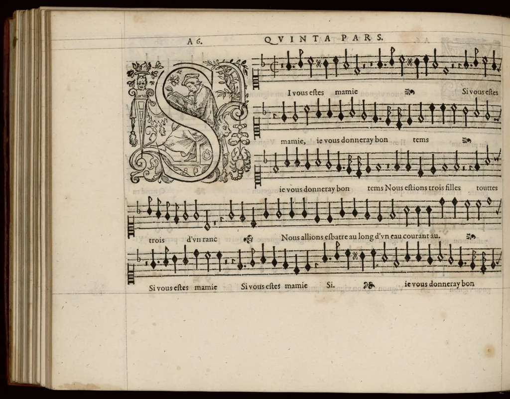 An illustration from Quinta pars. Continuation du mellange d'Orlande de Lassus. A 3. 4. 5. 6. & dix parties., 1584, leaf 47