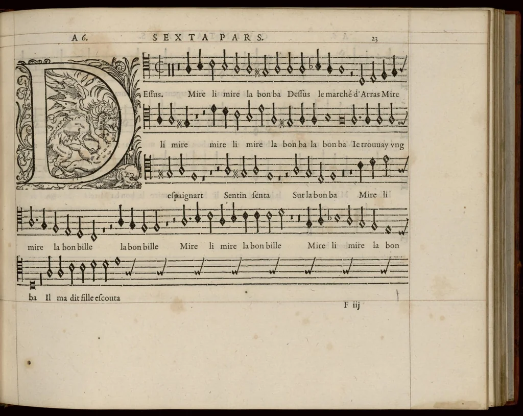 An illustration from Quinta pars. Continuation du mellange d'Orlande de Lassus. A 3. 4. 5. 6. & dix parties., 1584, leaf 52