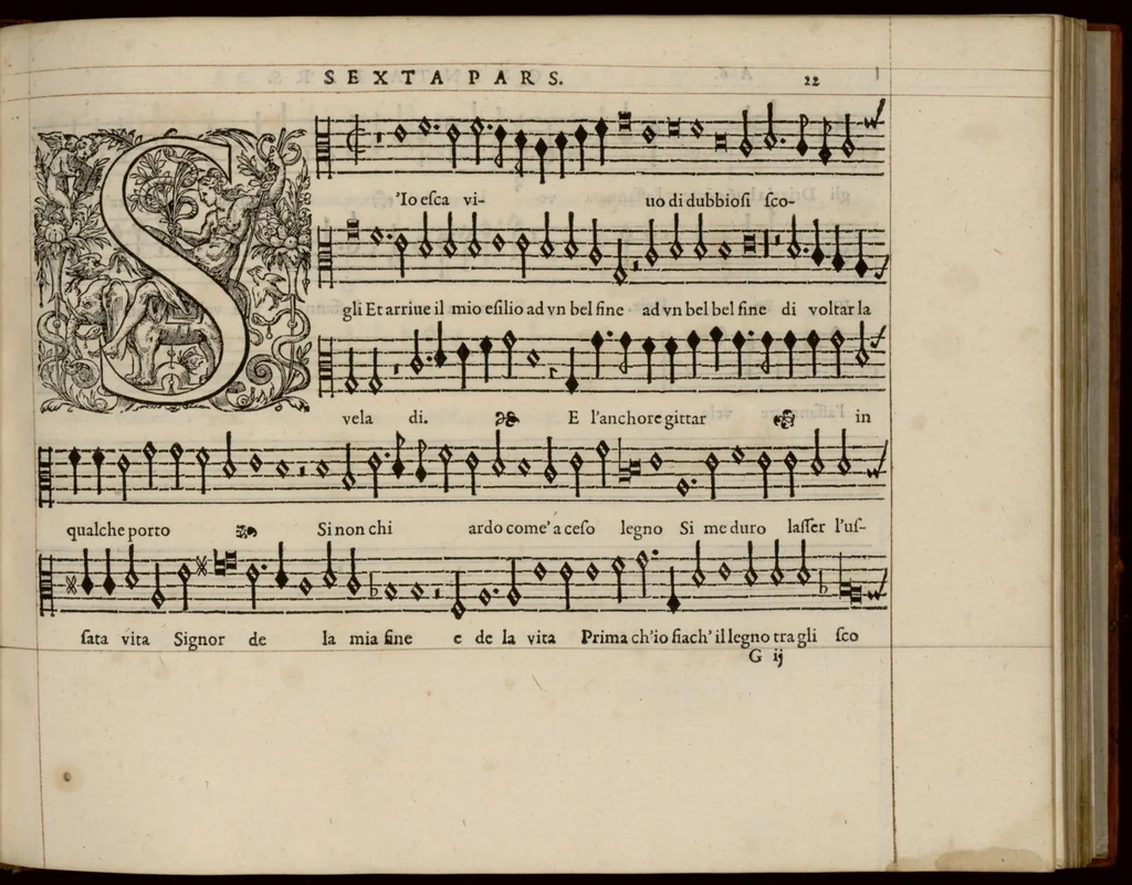 An illustration from Quinta pars. Continuation du mellange d'Orlande de Lassus. A 3. 4. 5. 6. & dix parties., 1584, leaf 58