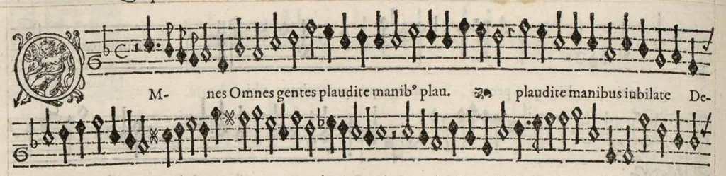 An illustration from Meslanges de la musique de Clau. Le Jeune a 4. 5. 6. 8. & 10. parties. Superius., 1587, leaf 105