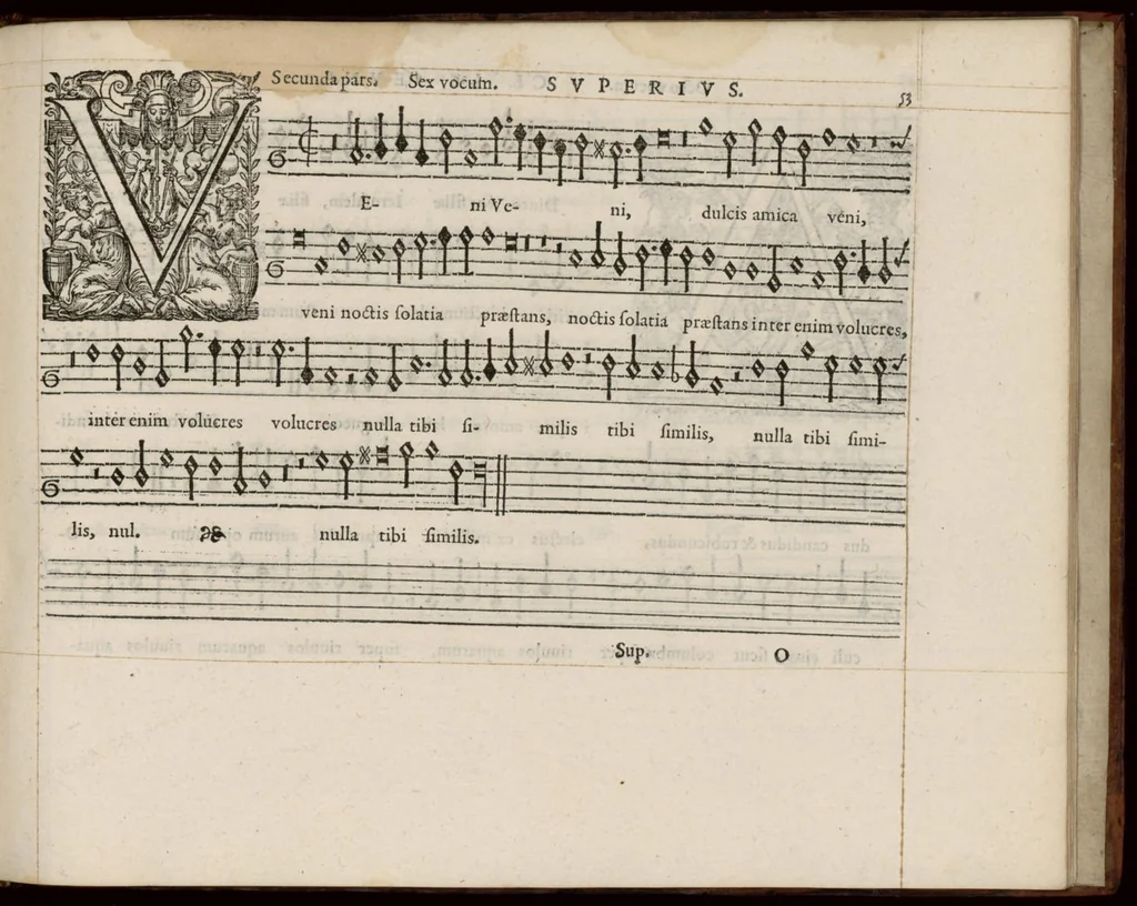 An illustration from Meslanges de la musique de Clau. Le Jeune a 4. 5. 6. 8. & 10. parties. Superius., 1587, leaf 112